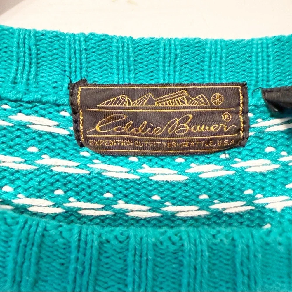 Vintage Eddie Bauer Mens Bird's Eye Teal Crewneck 100% Cotton Sweater Size Large